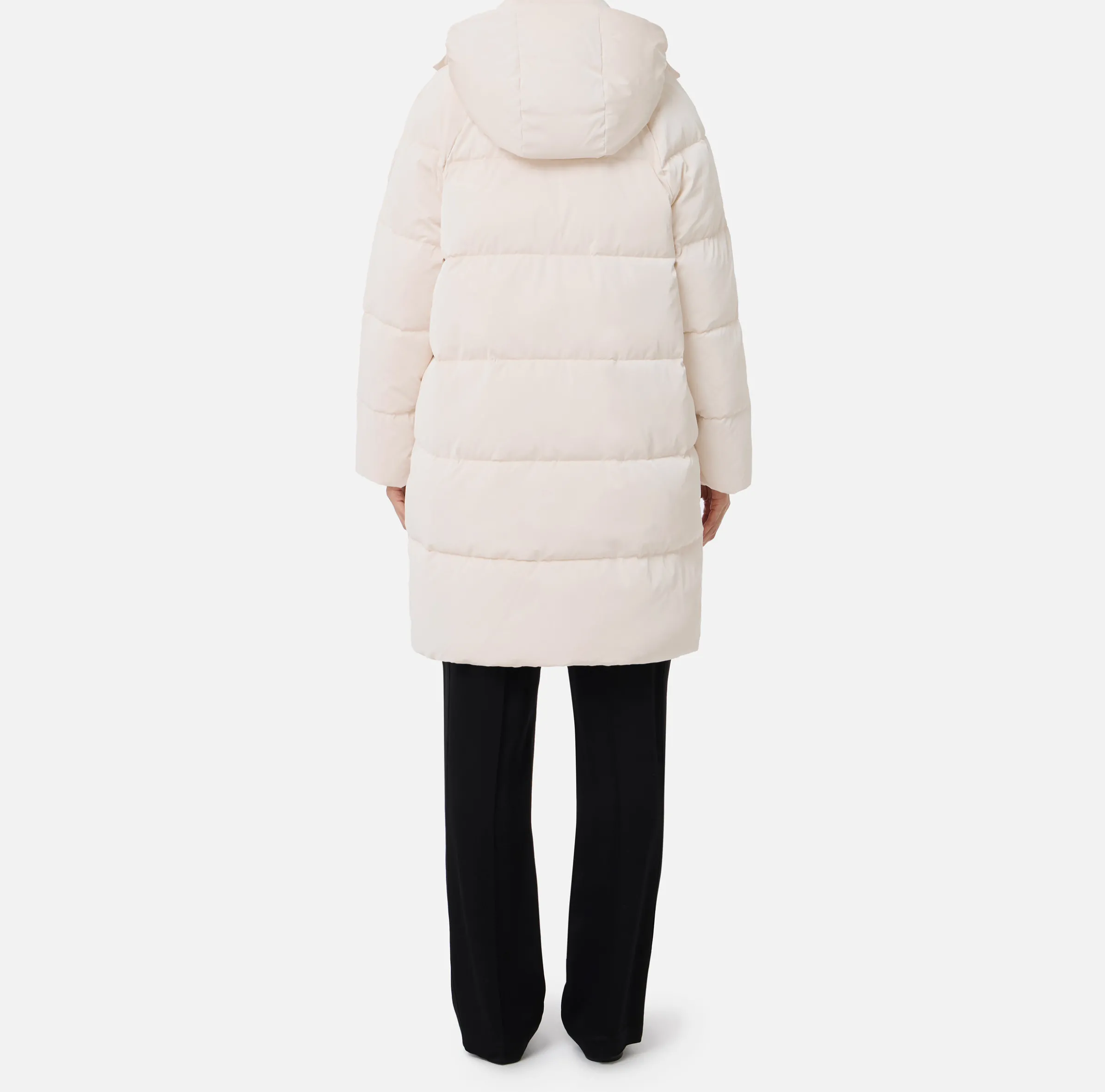 Piumino lungo in nylon satin con cappuccio
