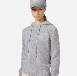 Pullover in viscosa mouliné con cappuccio e patch logo