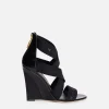 Sandalo in pelle con zeppa e elastici jacquard