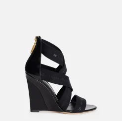 Sandalo in pelle con zeppa e elastici jacquard