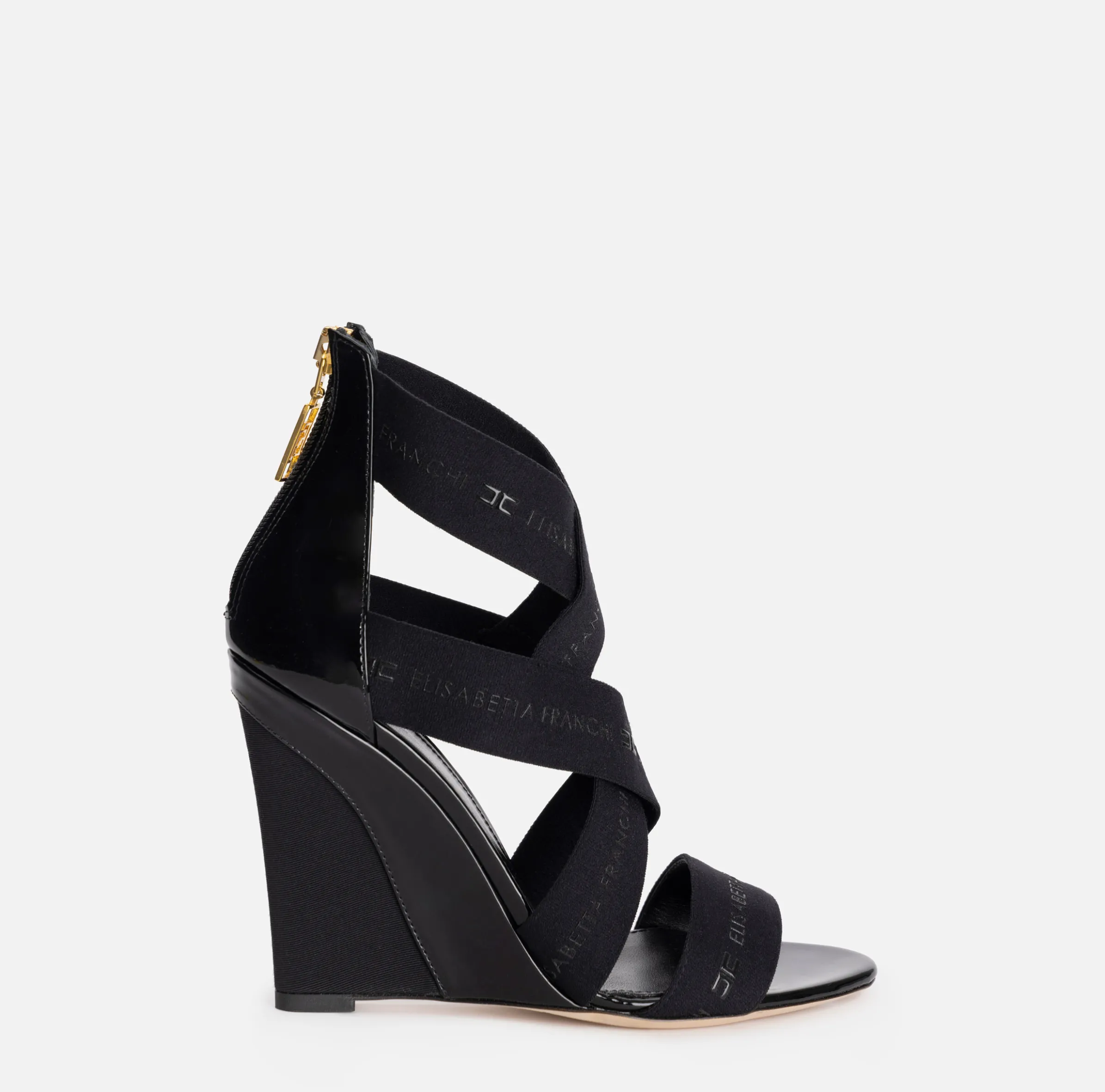 Sandalo in pelle con zeppa e elastici jacquard