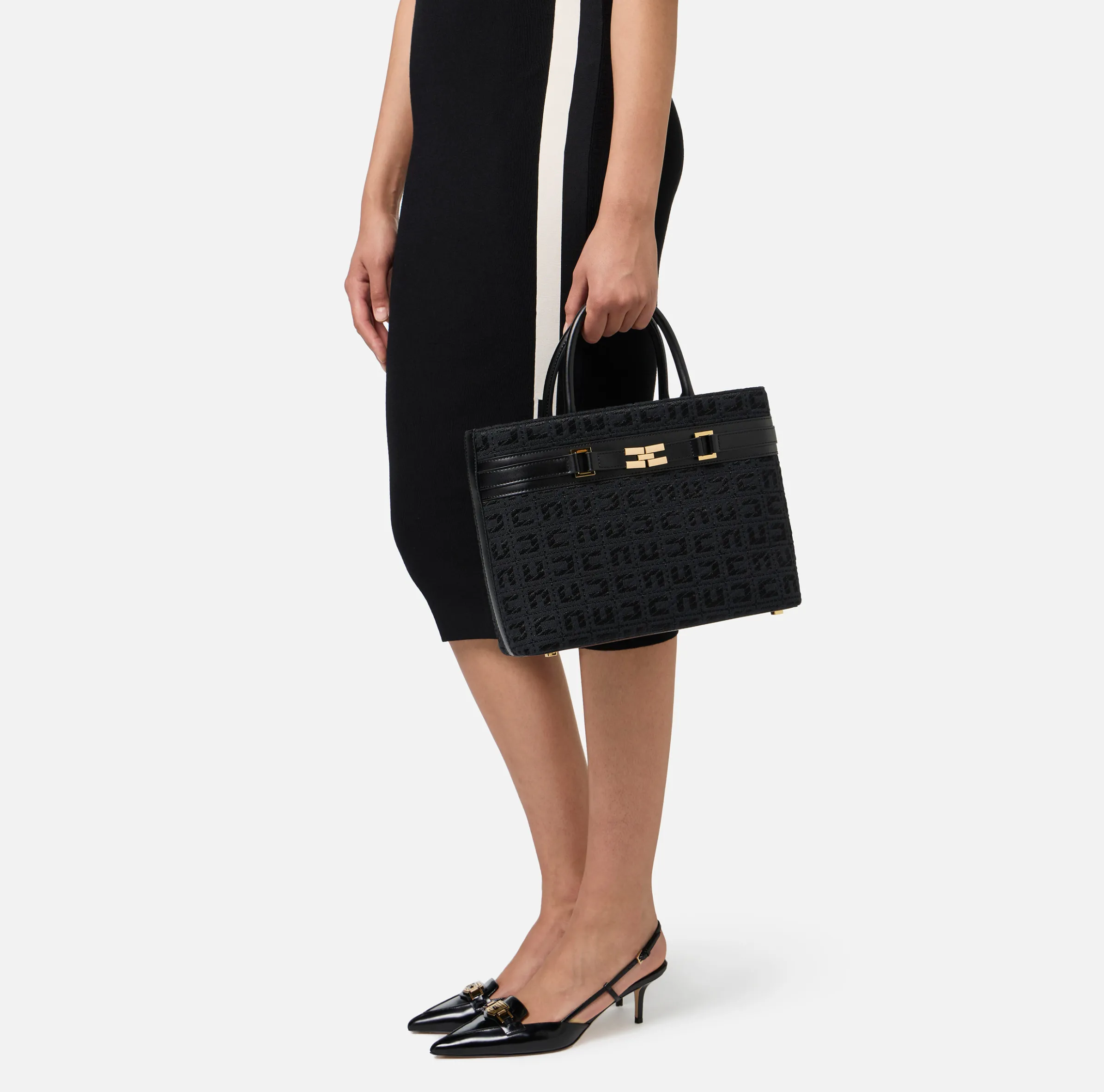 Shopper grande in tessuto jacquard con morsetto