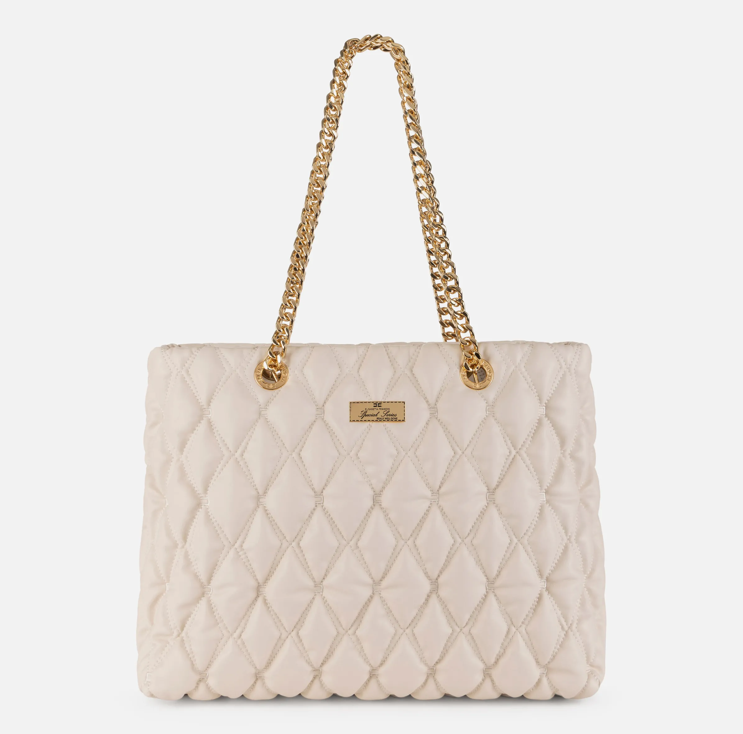 Shopper in tessuto embossed con manici in catena