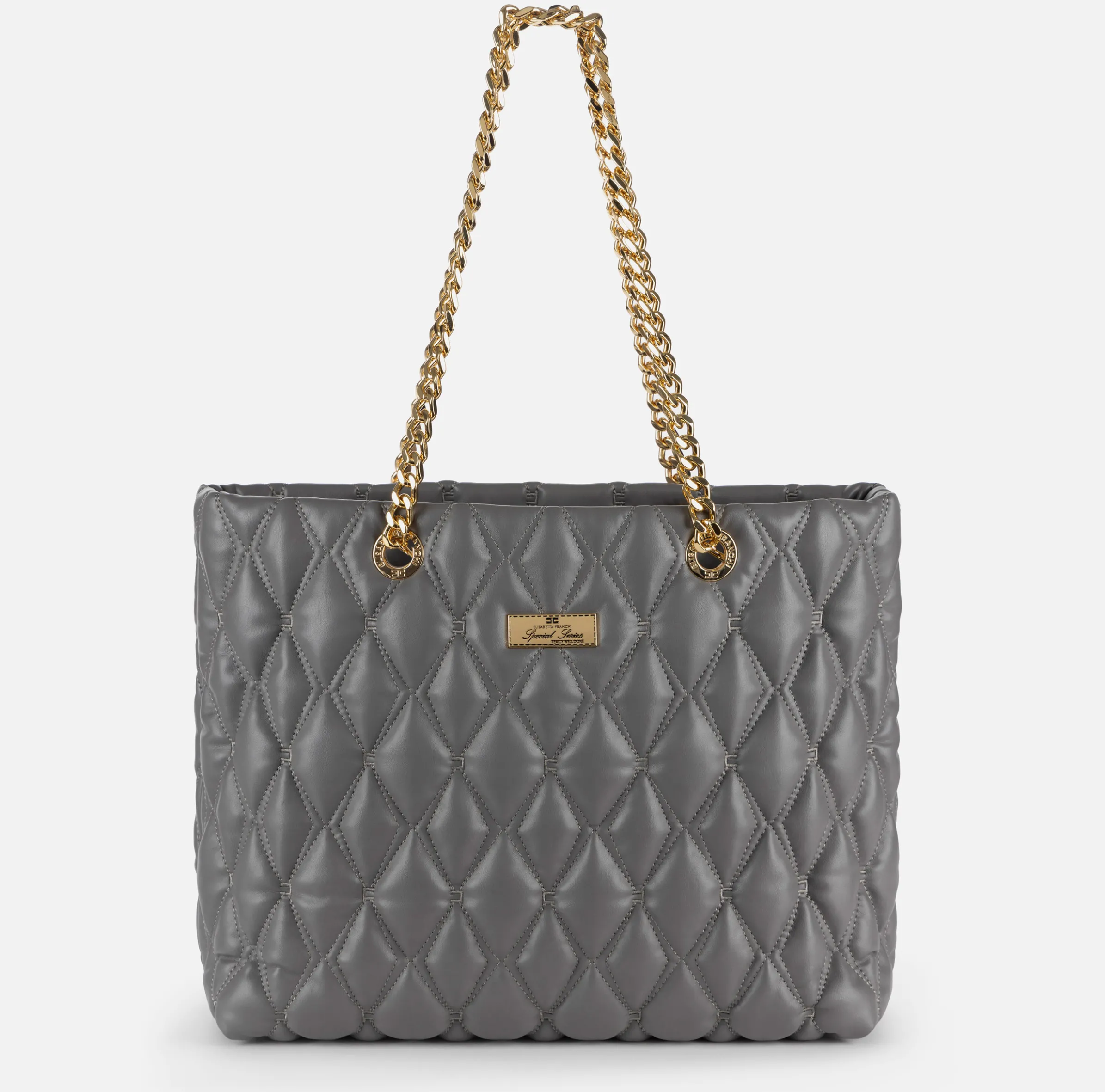 Shopper in tessuto embossed con manici in catena