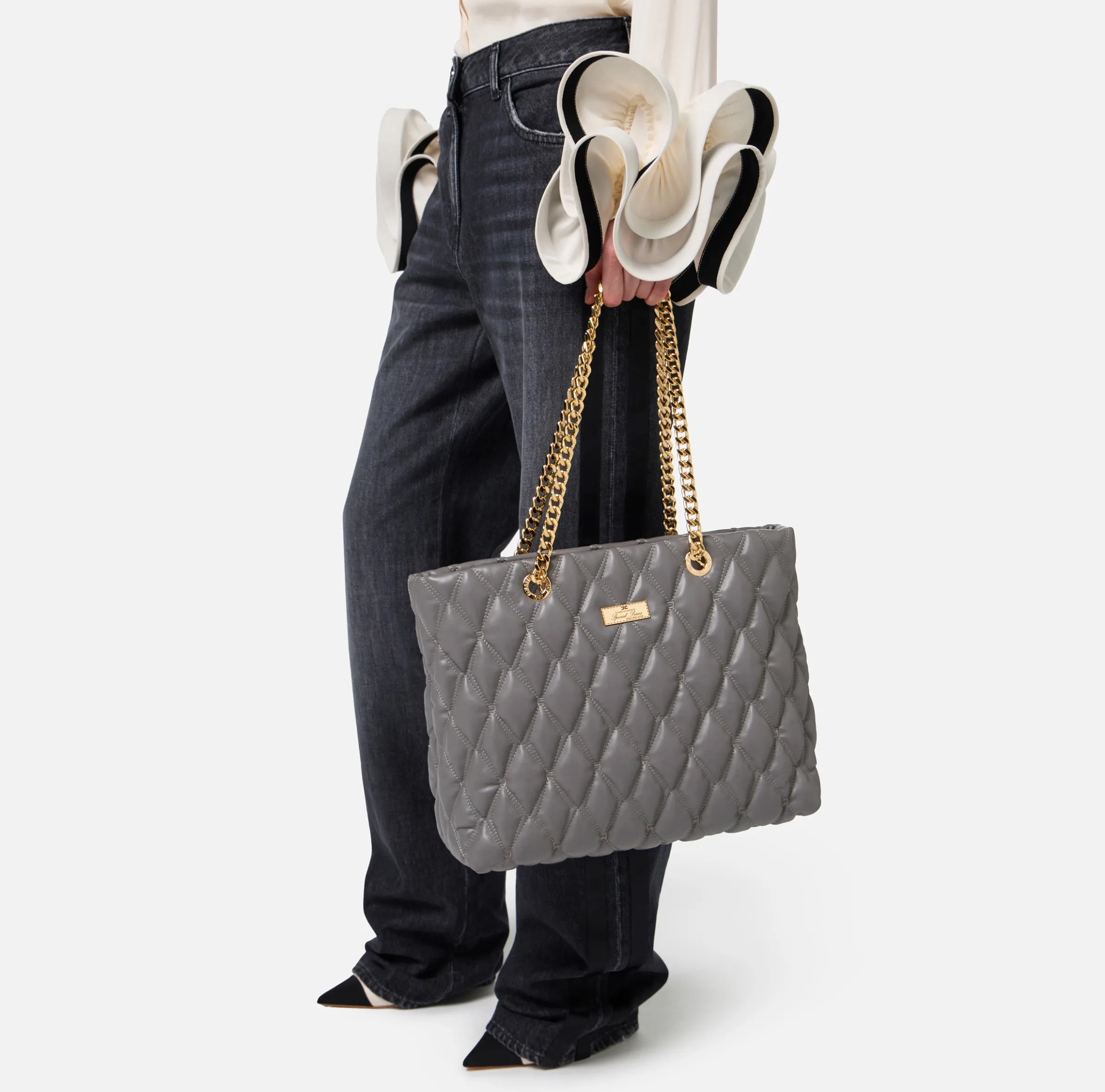 Shopper in tessuto embossed con manici in catena