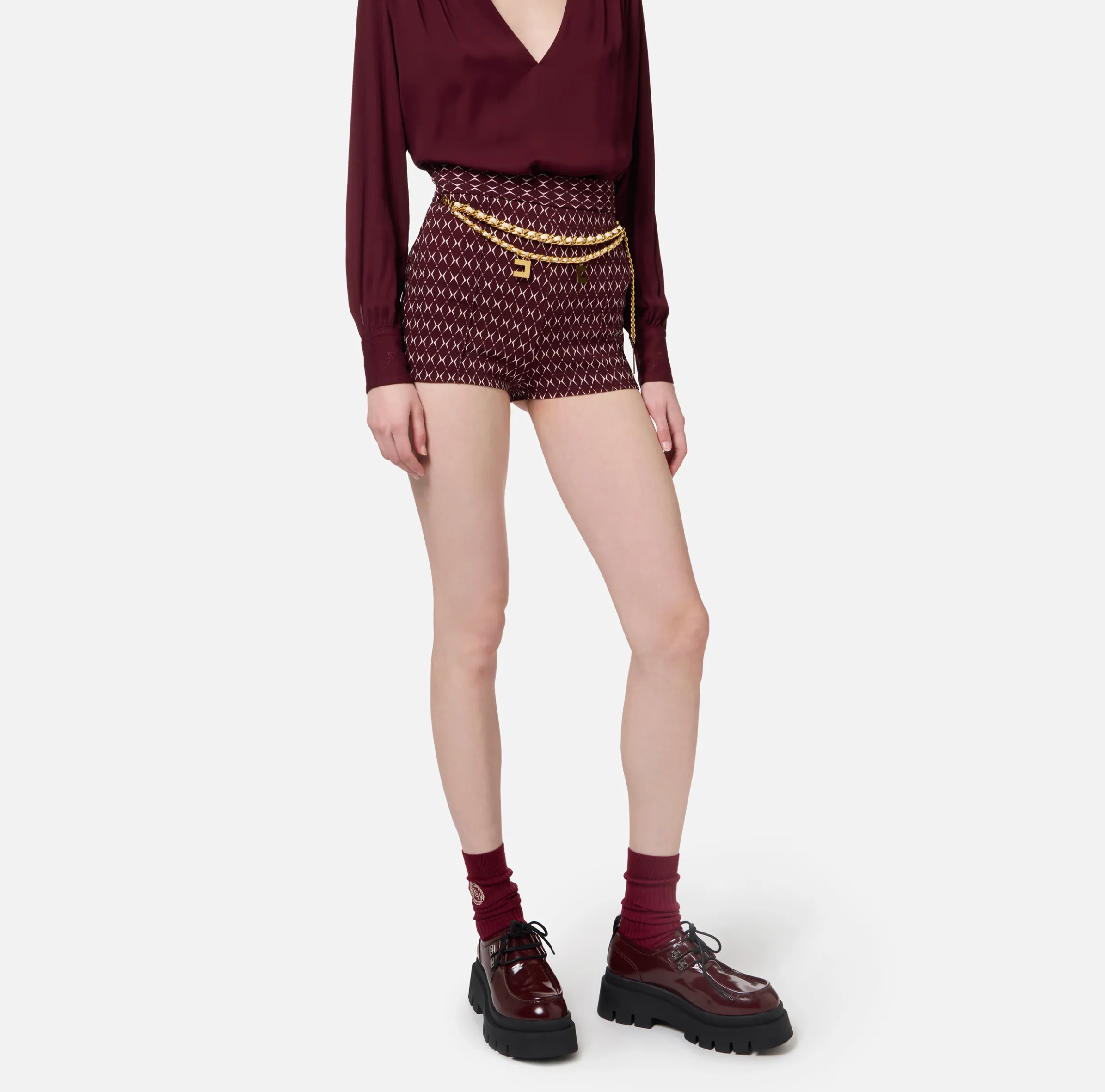 Short in crêpe stretch stampa rombo con catena