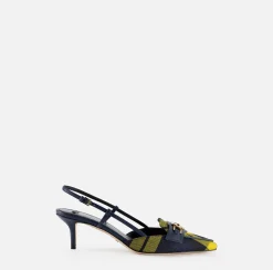 Slingback in pelle e tartan di lana
