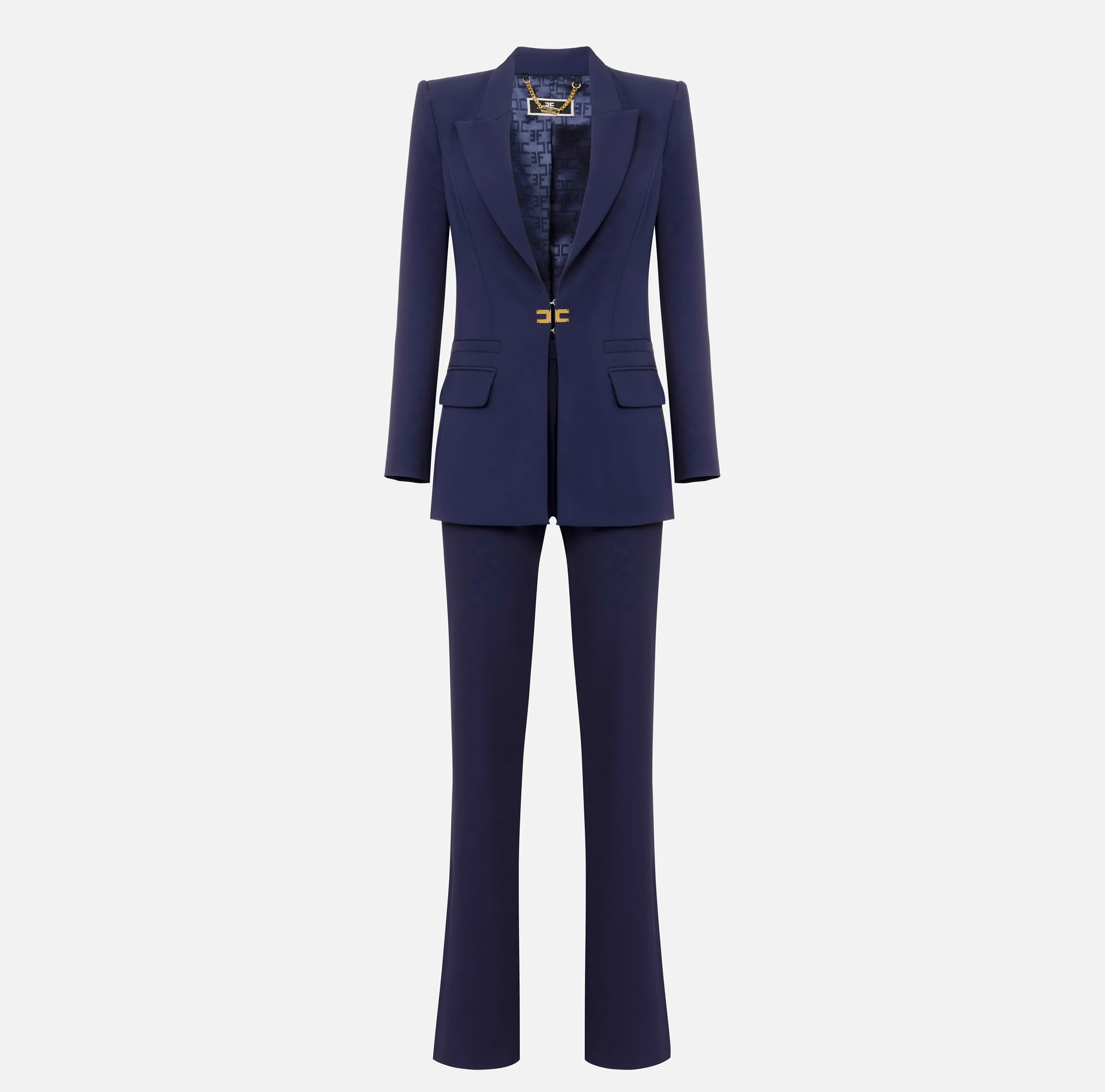 Tailleur in doppio crêpe stretch con giacca dritta e pantalone a palazzo