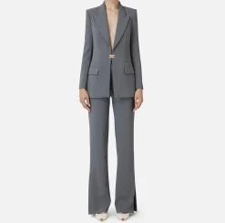 Tailleur in doppio crêpe stretch con giacca dritta e pantalone a palazzo