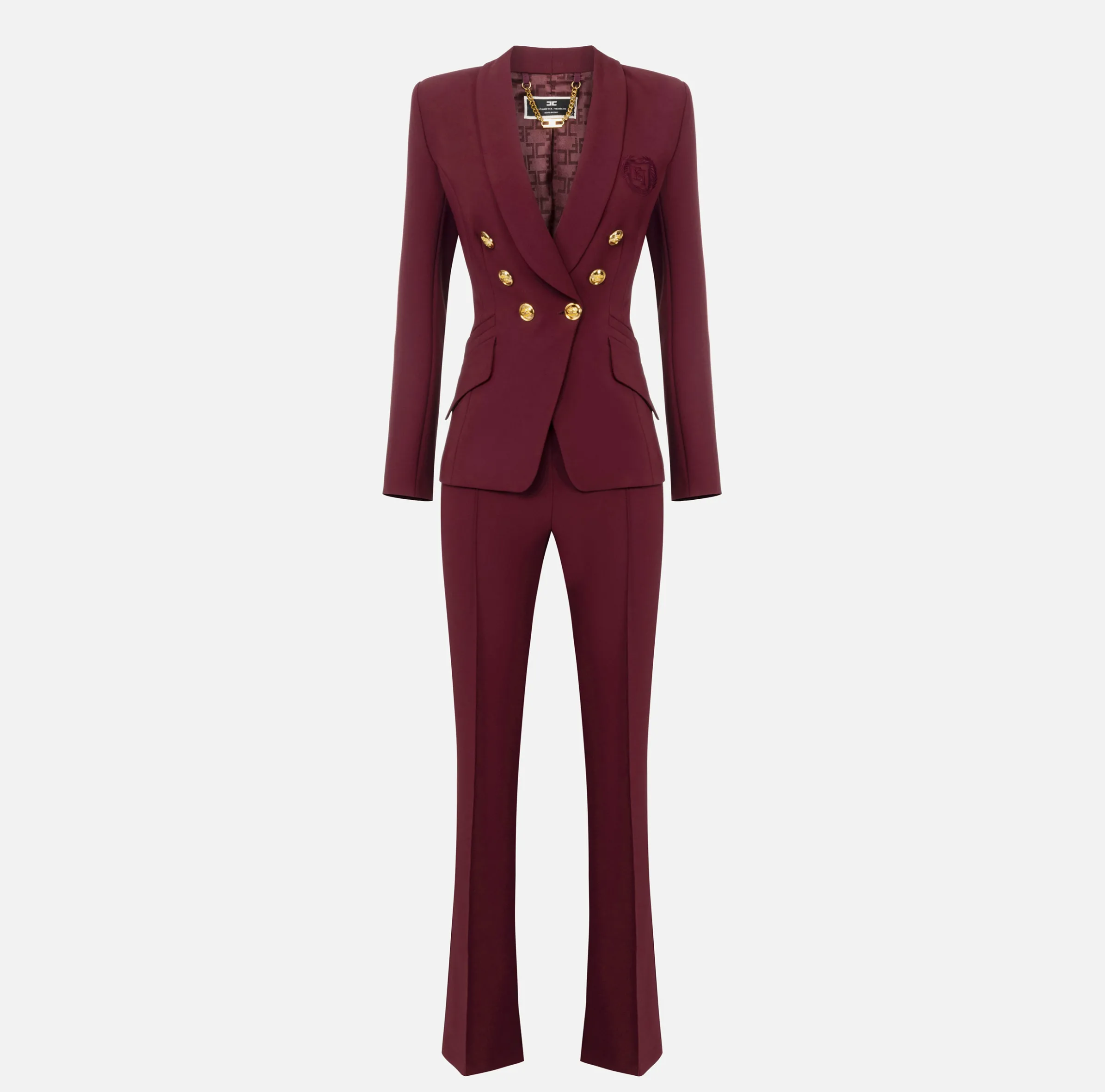 Tailleur in doppio crêpe stretch con giacca sciallata e pantalone a palazzo