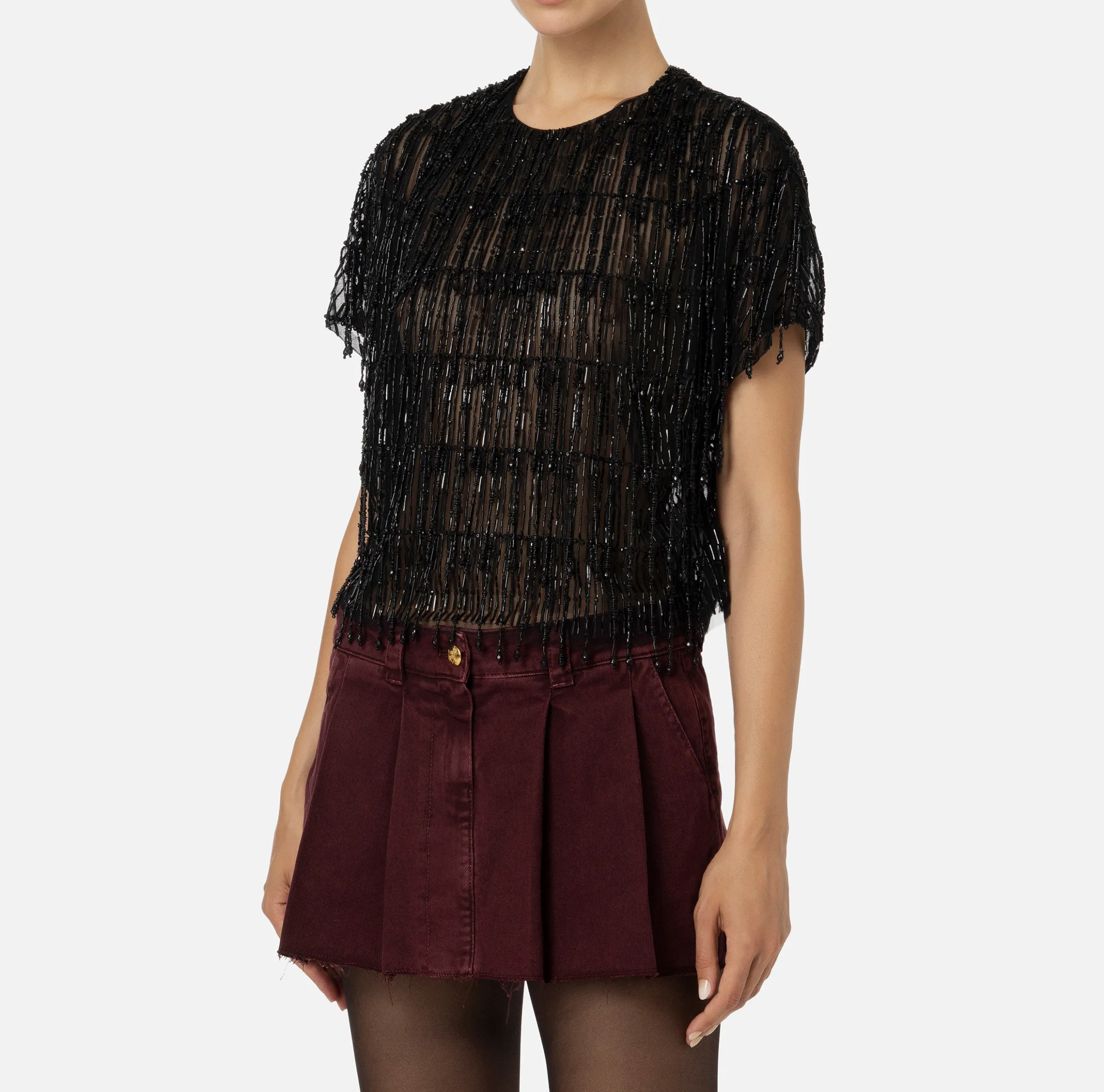 Top boxy in tulle ricamato con paillettes