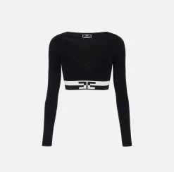 Top cropped in viscosa con bande logo
