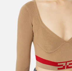 Top cropped in viscosa con bande logo
