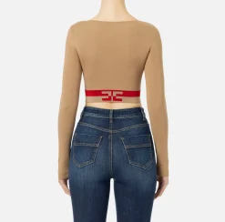 Top cropped in viscosa con bande logo