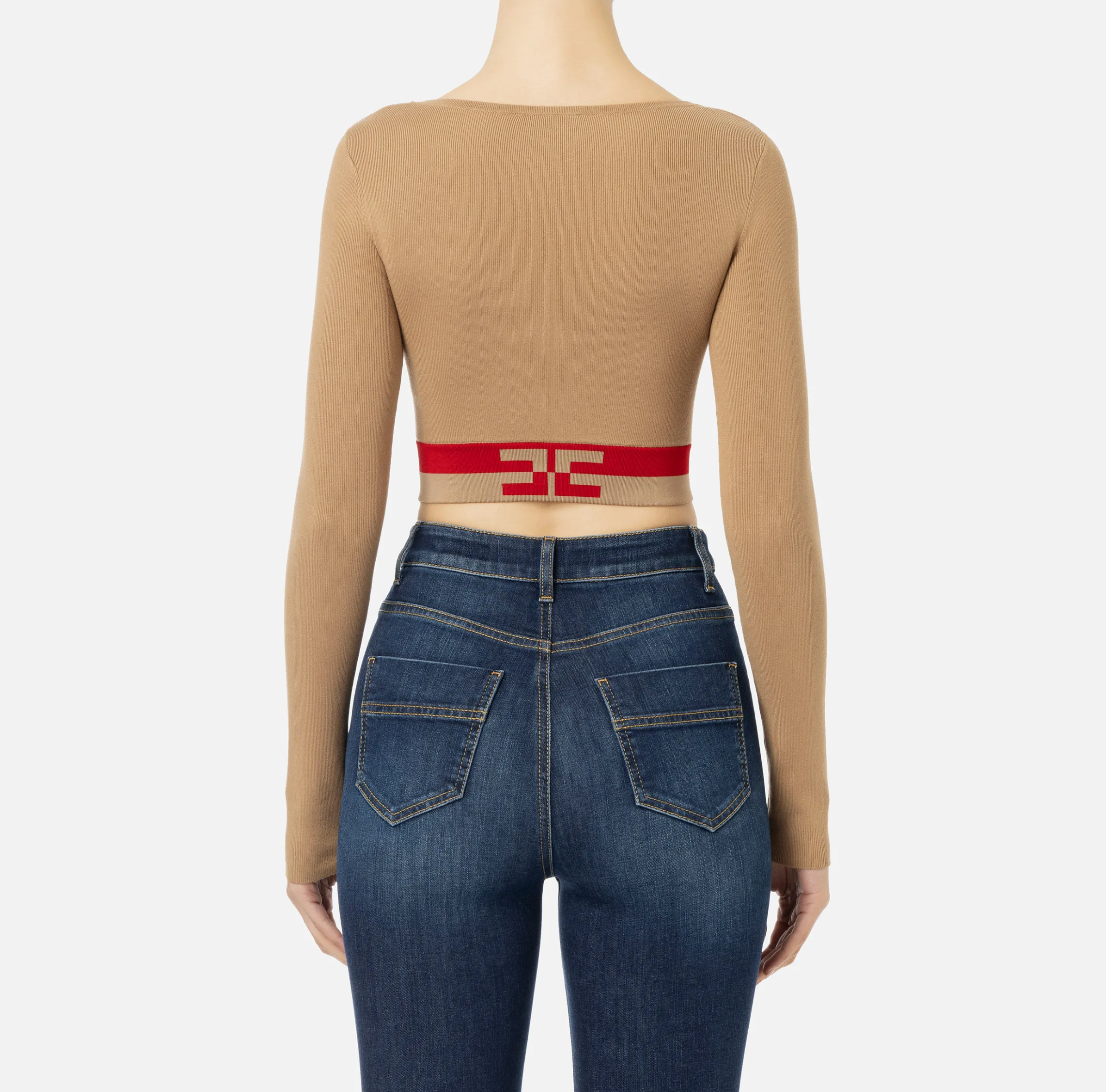 Top cropped in viscosa con bande logo
