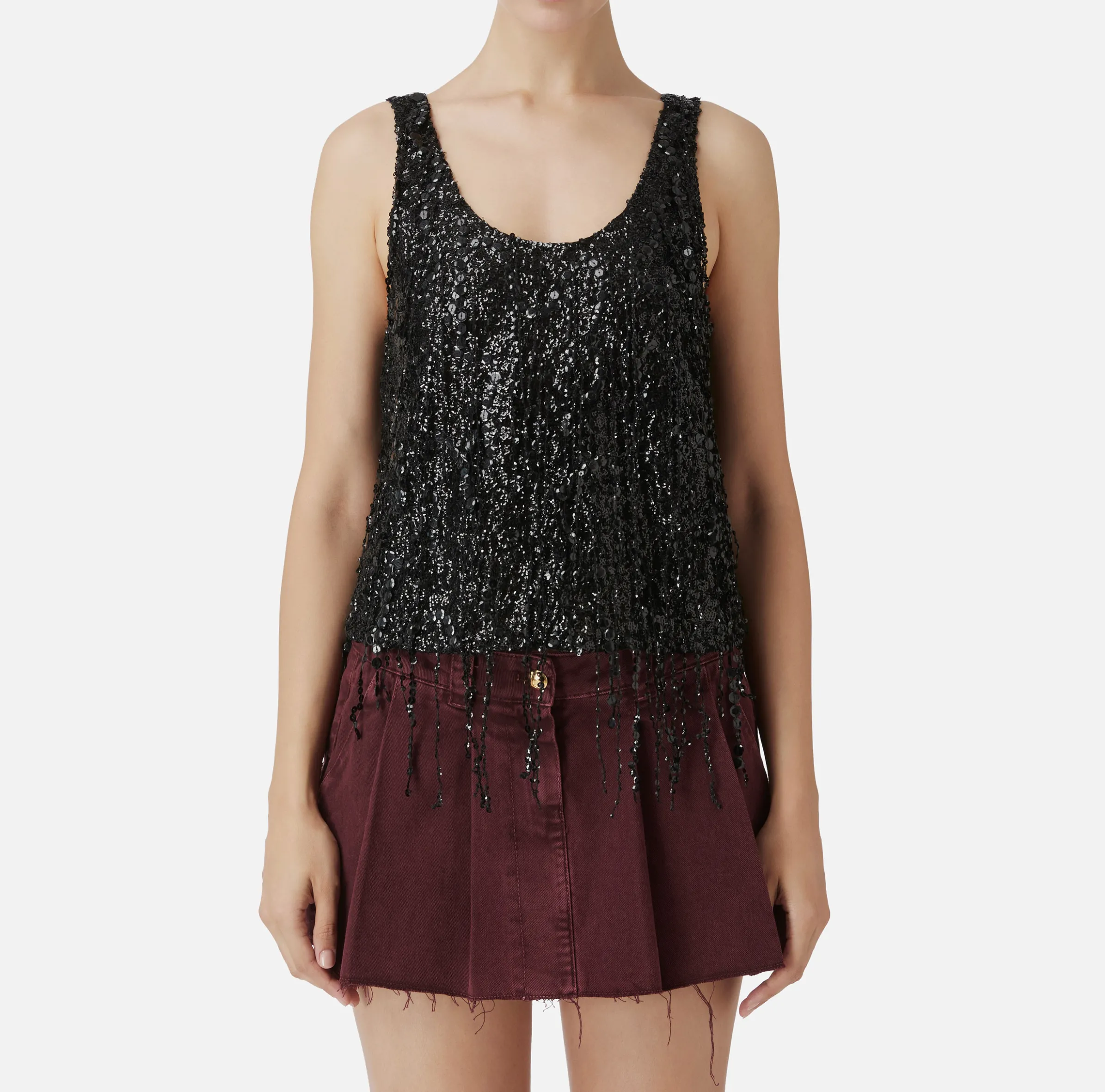 Top in tulle ricamato con frange di paillettes