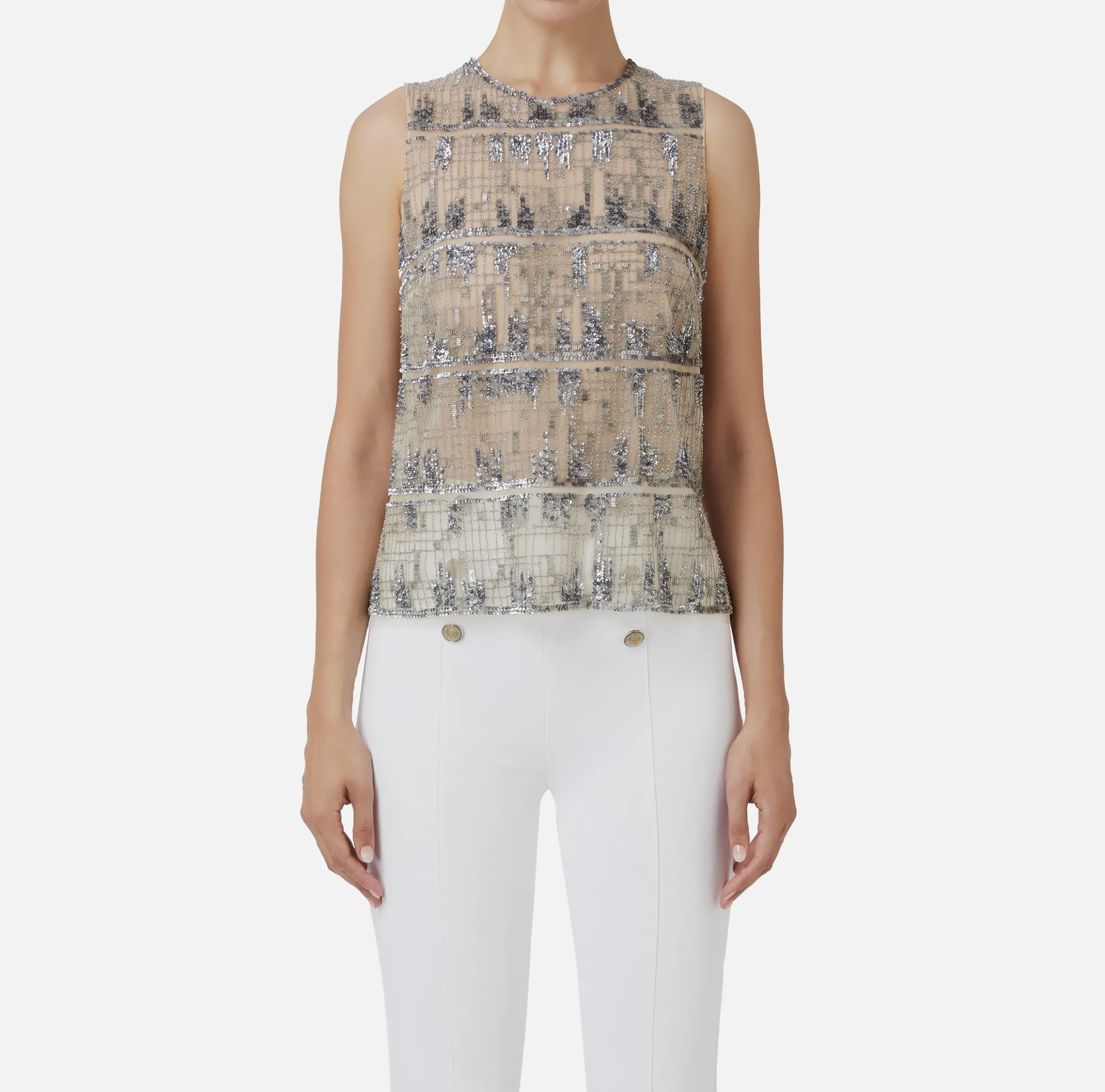 Top in tulle ricamato con paillettes pixel