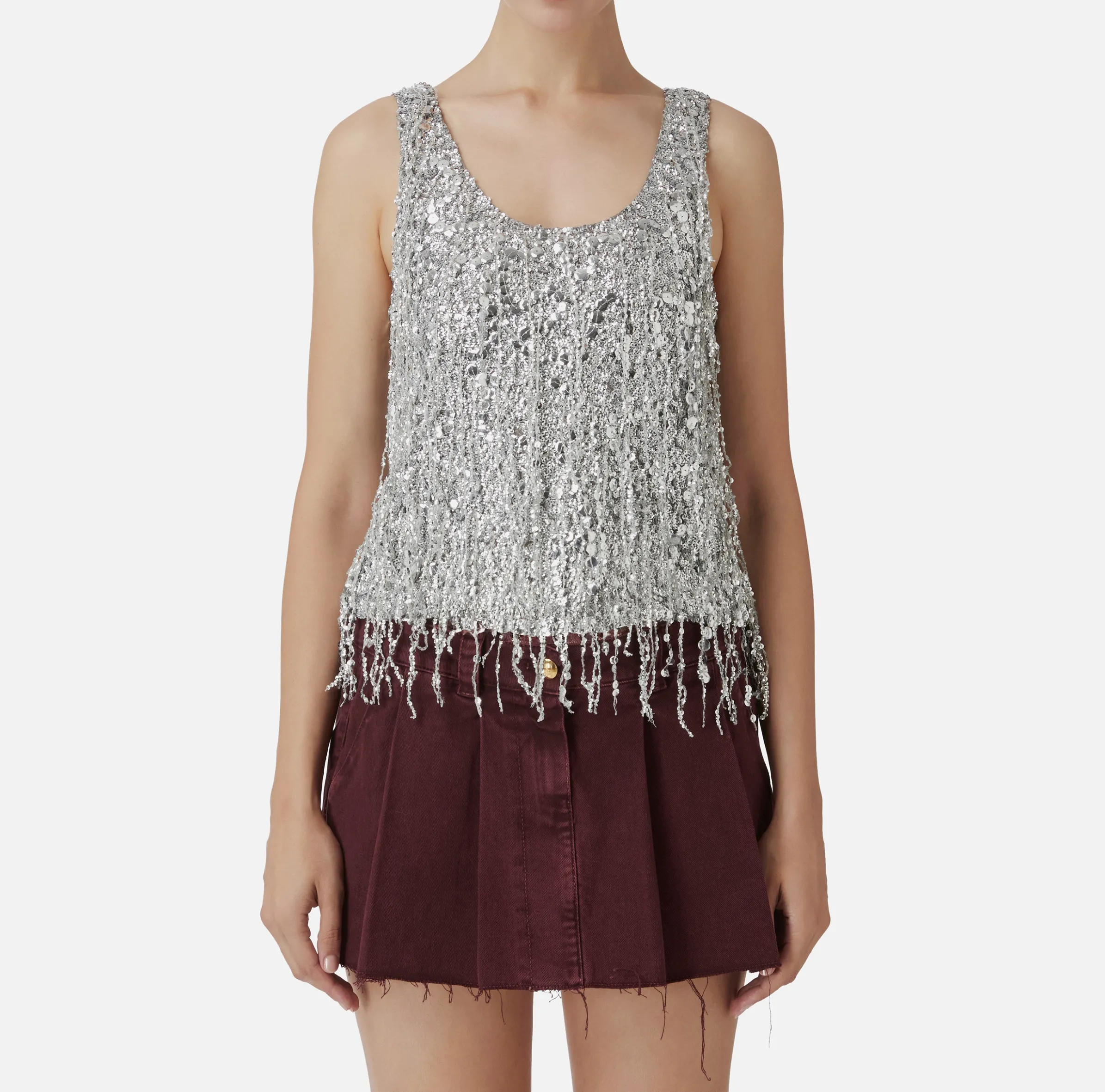 Top in tulle ricamato con frange di paillettes