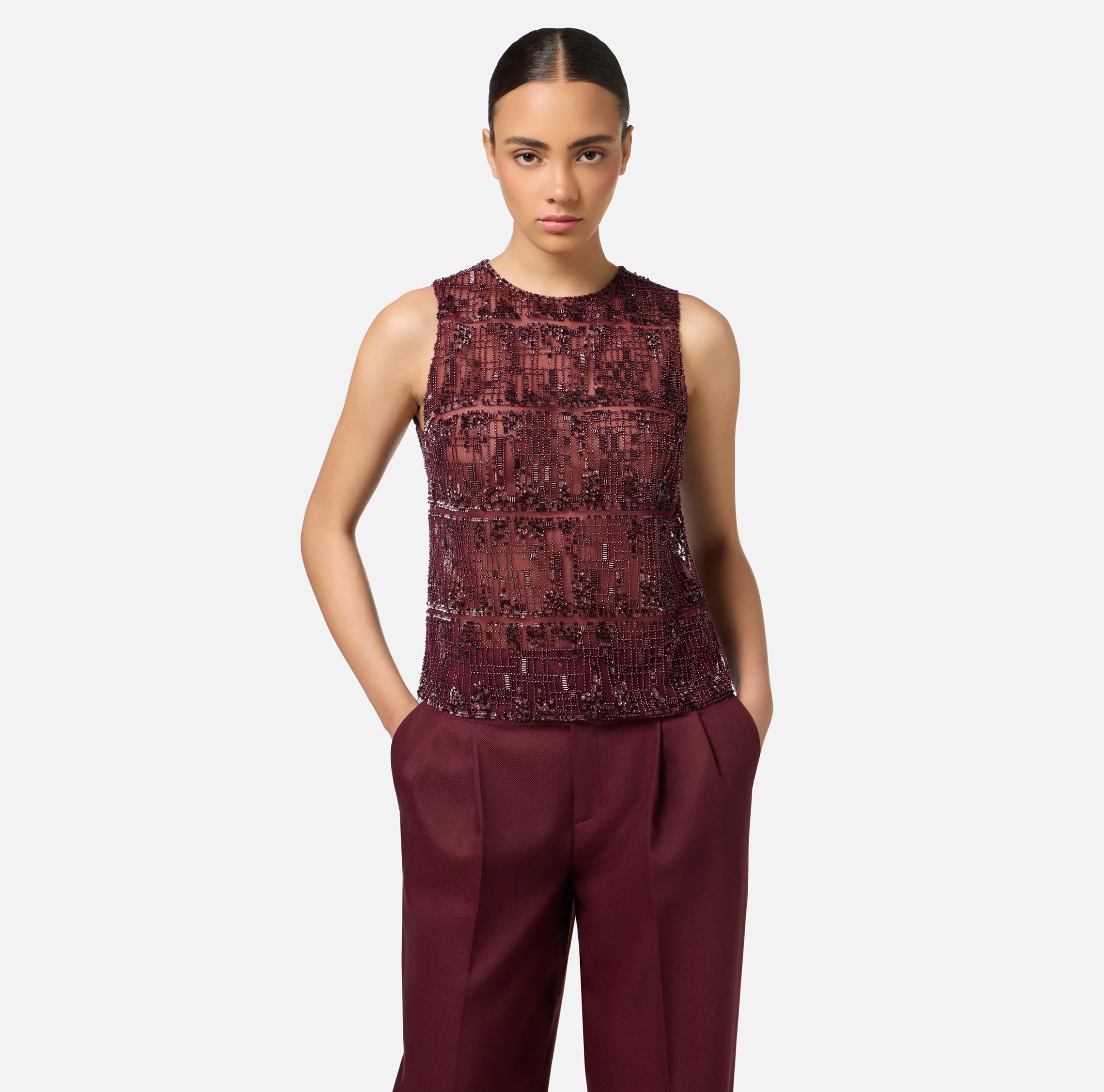 Top in tulle ricamato con paillettes pixel