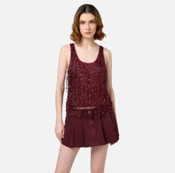 Top in tulle ricamato con frange di paillettes