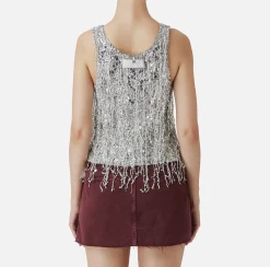 Top in tulle ricamato con frange di paillettes