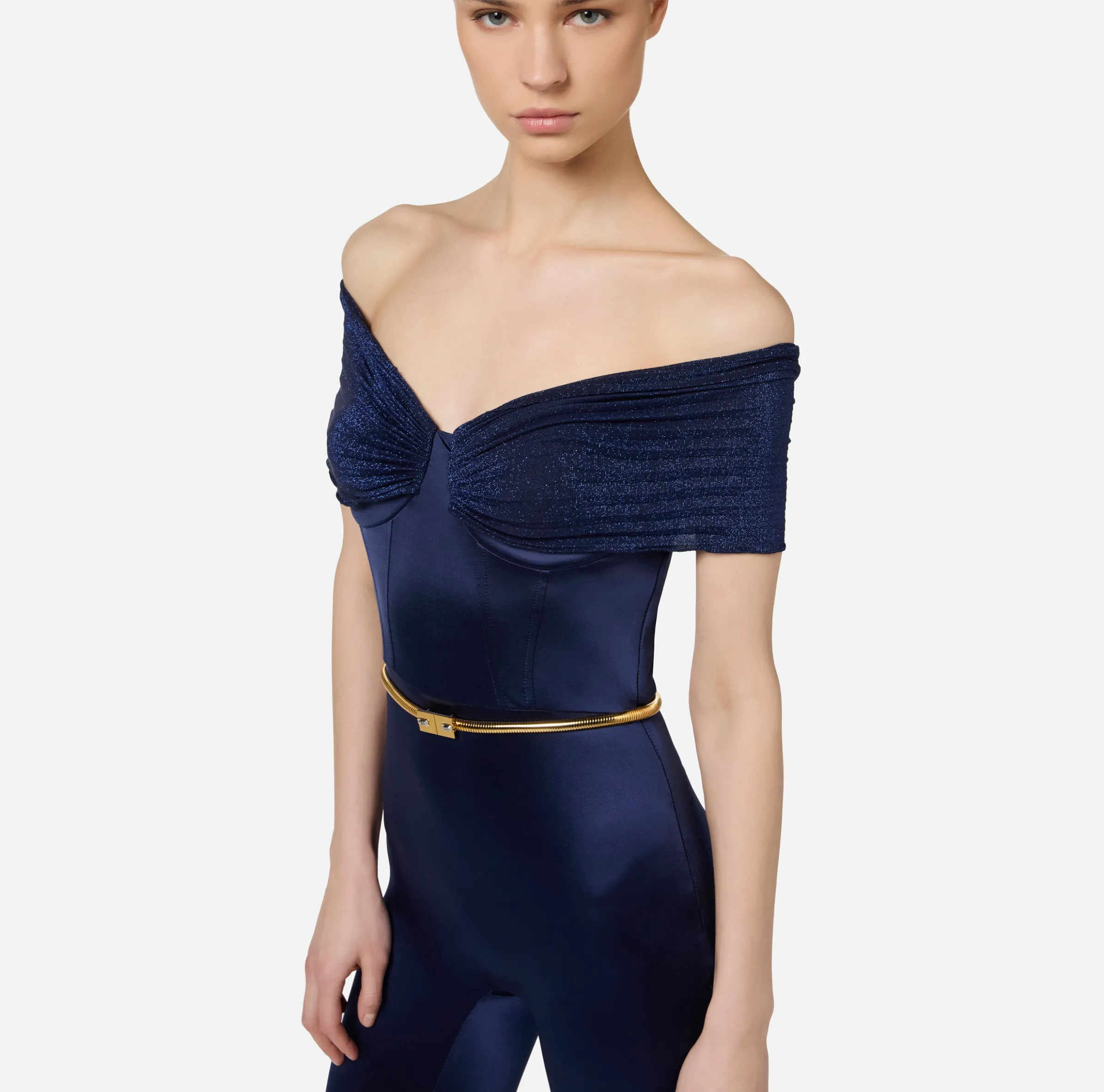 Tuta bustier in lycra con cintura