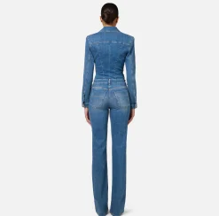 Tuta in denim con zip e spalline