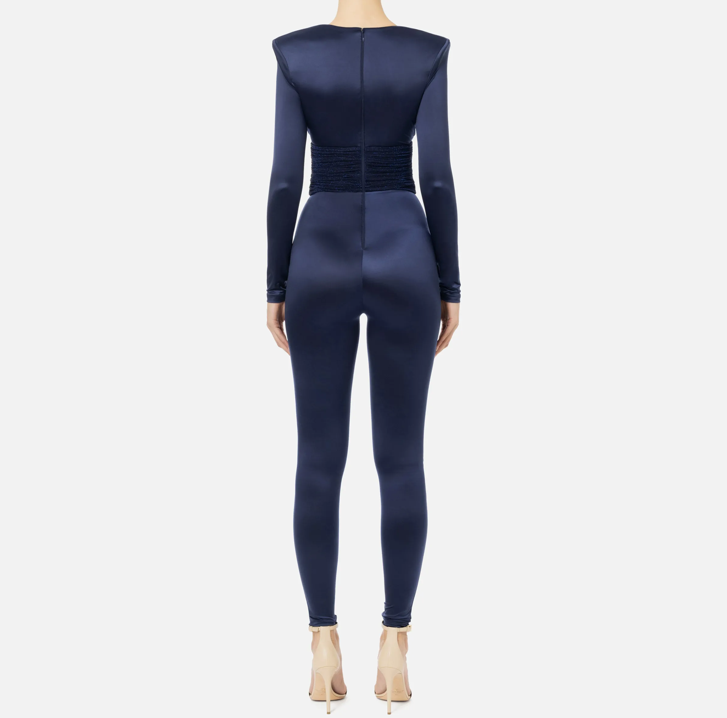 Tuta in lycra lucida con inserti plissé