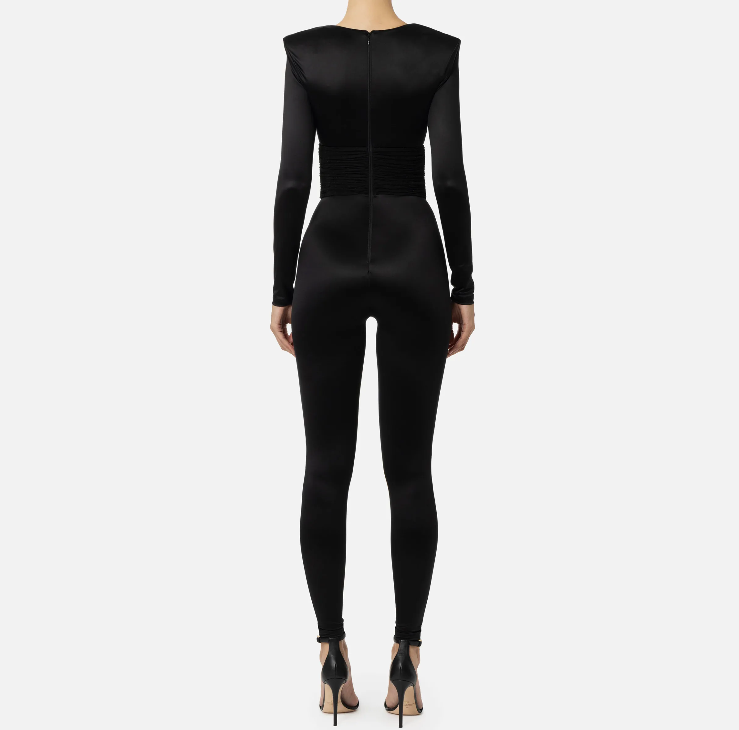 Tuta in lycra lucida con inserti plissé
