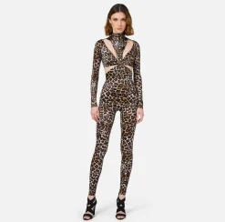 Tuta in lycra stampa animalier con motivo cut-out e accessorio logo