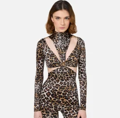 Tuta in lycra stampa animalier con motivo cut-out e accessorio logo